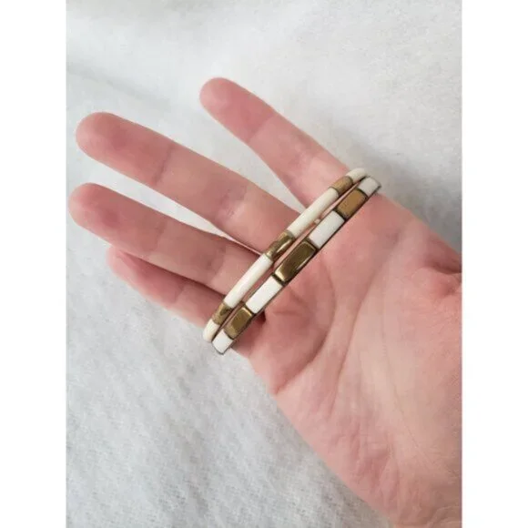 Brass w Bone Inlay Stackable Layering Bangle Bracelet Vintage - Picture 5 of 7